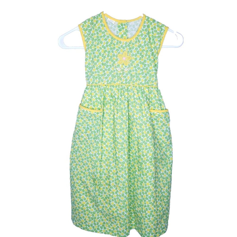 Hippie Cottage Green Yellow Floral Summer Sundress Pocket Dress Size Girls 8